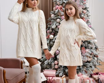 White Cable Knit Sweater Dress, Cream Warm Wool Tunic, Mommy and Me Winter Outfit, Ivory Chunky Knit Mini Dress, White Christmas Gift
