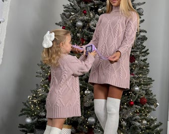 Blush Pink Cable Knit Sweater Dress, Soft Wool Tunic Women, Mommy and Me Christmas Outfit, Chunky Knit Mini Dress, Cozy Winter Gift