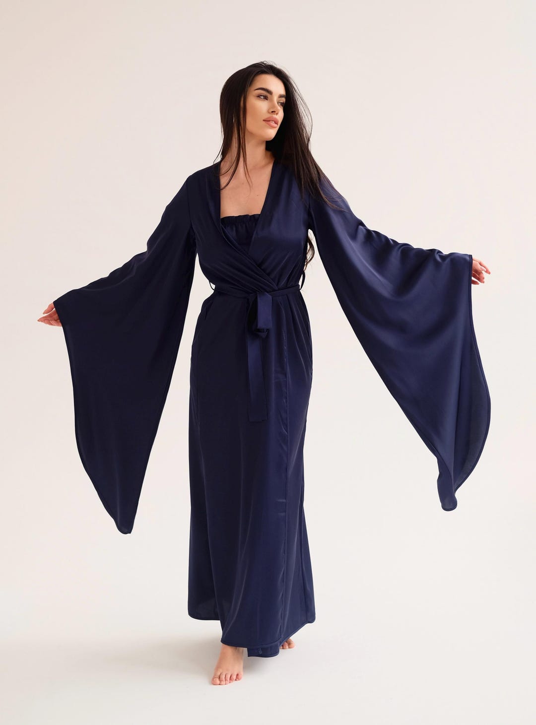 Long Blue Satin Robe, Floor Length Kimono Dressing Gown, Bell Sleeve ...