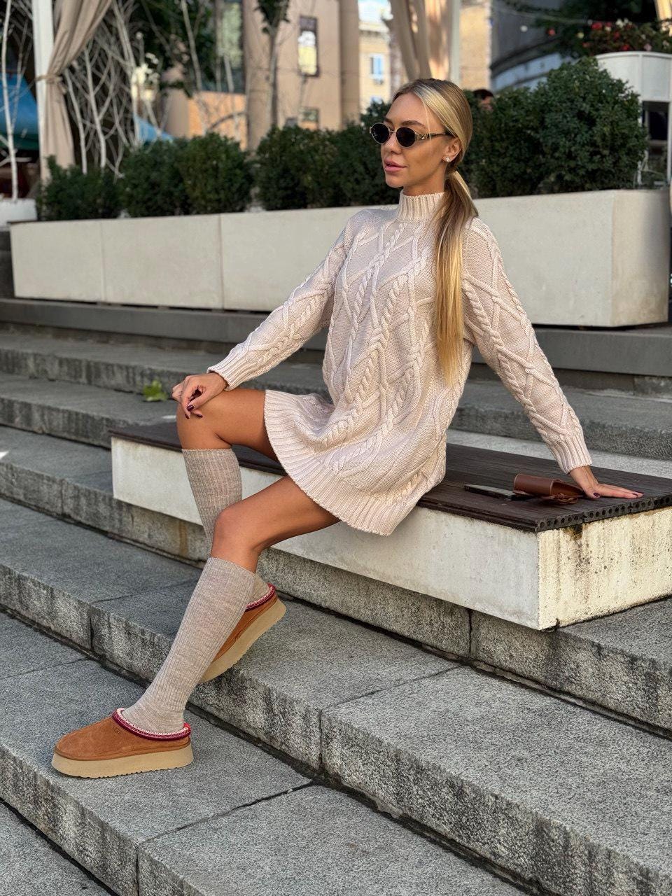 Beige Cable Knit Sweater Dress, Cream Wool Tunic, Oversized Mock Neck Pullover, Cozy Winter Gift Her, Mommy and Me Winter Outfit
