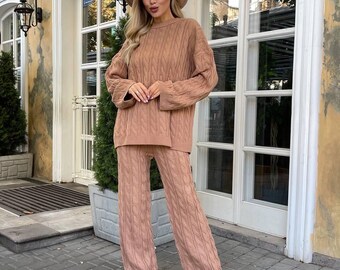 Cable Knit Set Merino Wool Blend Lounge Set Oversized Sweater and Wide Leg Pants Two Piece Outfit for Women Tall Friendly Winter Tracksuit