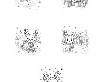 Cute Reindeer Coloring 5 Pages for Kids | Christmas Coloring Book | Printable A4 Winter Coloring Sheets | Holiday Coloring