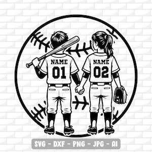 May include: Black and white baseball-themed graphic featuring two figures holding hands, set against a baseball backdrop. One figure holds a bat, the other a glove. Each wears a jersey with a number and the word "NAME". The image includes the text "SVG - DXF - PNG - JPG - AI".