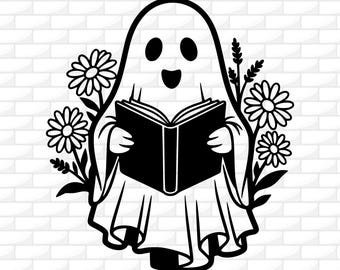 Divertente fantasma che legge un libro in formato SVG / Maglietta per amanti dei libri in formato SVG / Clipart di fantasmi carini / Fantasmi libreschi / File per Cricut / Incisione laser / PNG DXF Ai