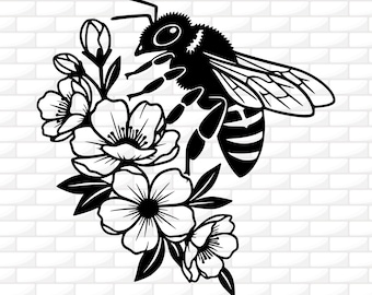Flores Abeja Svg / Clipart Floral Abeja / Diseño Simple Abeja / Insecto / Camiseta Abeja Feliz / Archivo de Corte para Cricut / Archivo de Grabado Abeja / Dxf Png Ai