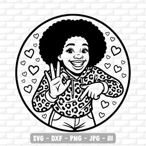 May include: Black and white graphic of a smiling person with an afro, wearing a leopard print hoodie, making a peace sign. The image is surrounded by hearts and the text "SVG - DXF - PNG - JPG - AI".