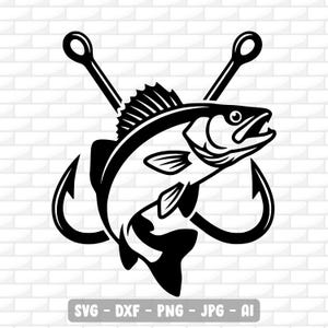 Puede incluir: Gráfico en blanco y negro de un pez saltando entre dos anzuelos. El pez tiene aletas y escamas detalladas. La imagen incluye el texto "SVG - DXF - PNG - JPG - AI" en la parte inferior, indicando formatos de archivo.