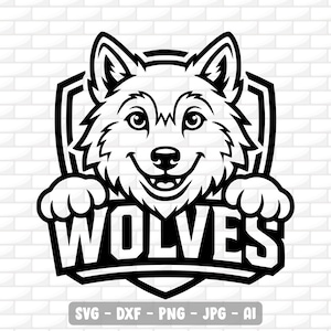 May include: Black and white illustration of a smiling wolf head with the word "WOLVES" below. The wolf is inside a shield shape. The image also includes the text "SVG - DXF - PNG - JPG - AI".