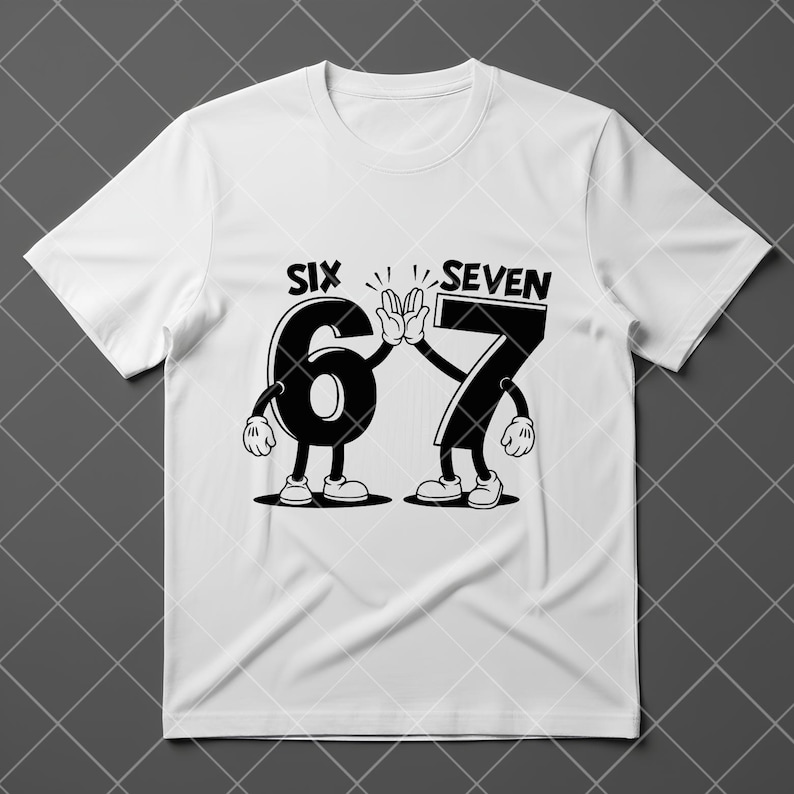 May include: White t-shirt with a black and white graphic of the numbers six and seven as cartoon characters giving each other a high five. The words "SIX" and "SEVEN" are above the numbers.