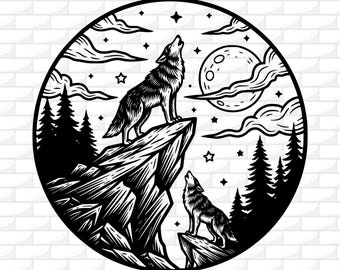Wolf Mountain Svg | Wolf Pack Svg | Howling Wolf Svg | Wolf Full Moon Svg Clipart | Wild Animal | File For Cricut | Engraving | Png Dxf Ai