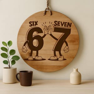 May include: A round wooden sign with the numbers "6" and "7" designed as cartoon characters high-fiving. The sign has a rope for hanging and the words "SIX" and "SEVEN" above the numbers. A brown mug, a small vase, and a potted plant are in the foreground.