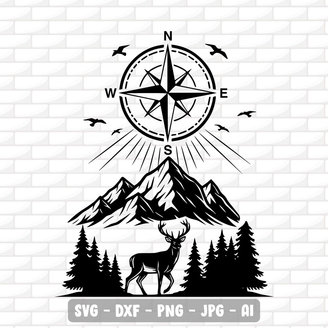 Compus With Deer Deer Svg | Deer Hunting Svg | Mountain Scene Svg | Compass Svg | Buck ...