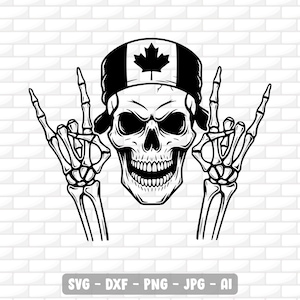 Peut inclure: Illustration en noir et blanc d'un crâne portant un chapeau avec le drapeau canadien et une feuille d'érable. Le crâne fait le signe de la main rock and roll avec ses mains squelettiques. Le texte "SVG - DXF - PNG - JPG - AI" est inclus.