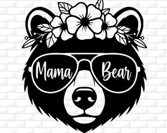 Mamãe Ursa com Óculos de Sol SVG | Urso Floral SVG | Mamãe Ursa SVG | Design para Camiseta de Mãe | Arquivo para Cricut | Silhouette | Gravação | PNG DXF JPG AI