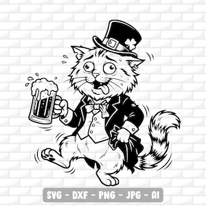 May include: Black and white cartoon illustration of a cat wearing a tuxedo and top hat with a shamrock, holding a beer mug. The cat has a surprised expression and is stumbling. Text at the bottom reads: SVG - DXF - PNG - JPG - AI.