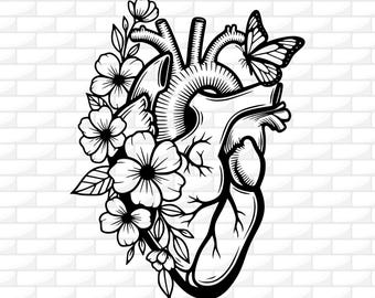 Floral Anatomical Heart Svg | Cardiology Svg | Anatomical Heart Clipart | Silhouette Cutfile | Cricut File | Engraving File | Dxf Png Jpg Ai