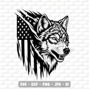 May include: A black and white graphic of a wolf's head with an American flag design. The flag appears torn, revealing the wolf's face. The image includes the text "SVG - DXF - PNG - JPG - AI".