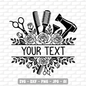 May include: Black and white graphic featuring hairstyling tools: scissors, combs, a round brush, and a hairdryer. Roses and leaves surround the tools, with the text "YOUR TEXT" in the center. The bottom of the image includes file type options.