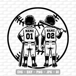 May include: Black and white baseball-themed graphic featuring two baseball players in uniform, standing back-to-back inside a baseball. Each player wears a helmet and jersey with the word "NAME" and a number. The image includes the text "SVG - DXF - PNG - JPG - AI".