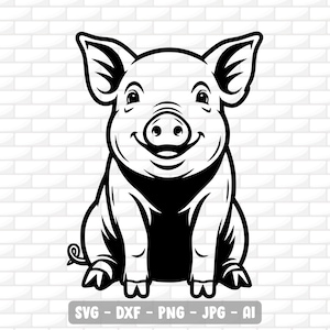 May include: A black and white illustration of a smiling pig sitting upright. The pig has large ears, a curly tail, and is smiling. The image includes the text "SVG - DXF - PNG - JPG - AI".