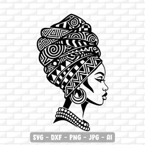 Può includere: Silhouette nera e bianca di una donna con un turbante fantasia, grandi orecchini a cerchio e una collana di perline. L'immagine è un profilo laterale su uno sfondo di mattoni bianchi. Il testo in basso recita: SVG - DXF - PNG - JPG - AI.