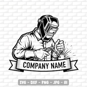 Pode incluir: Ilustração a preto e branco de um soldador com capacete e tocha de solda. A imagem inclui uma faixa com o texto "COMPANY NAME" e opções de tipo de arquivo: SVG, DXF, PNG, JPG e AI.