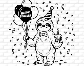 Lustige Faultier mit Luftballons SVG |  Alles Gute zum Geburtstag Faultier Clipart | Party geschnitten Datei | Faultier Silhouette | Cricut-Datei | Gravur | Digitaler Download