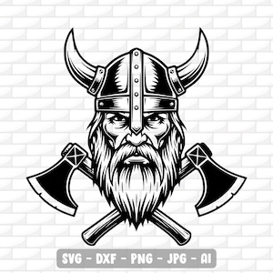 May include: Black and white illustration of a Viking warrior with a horned helmet, long beard, and crossed axes. The image has a detailed, bold design, suitable for various applications. The bottom of the image includes the text: SVG - DXF - PNG - JPG - AI.