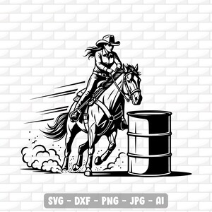 May include: Black and white illustration of a cowgirl riding a horse around a barrel. The cowgirl wears a hat and is in motion. The image includes the text "SVG - DXF - PNG - JPG - AI".