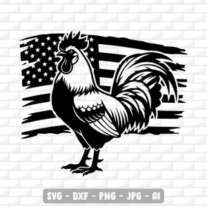 May include: Black and white illustration of a rooster with an American flag design in the background. The rooster is in profile, with detailed feathers and a prominent comb. The flag is stylized with stars and stripes. The image includes the text: SVG - DXF - PNG - JPG - AI.