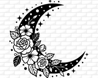 May include: Black crescent moon design with floral and star accents. The moon features roses, leaves, and other flowers. The image includes the text "SVG - DXF - PNG - JPG - AI".