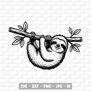 May include: Black and white illustration of a sloth hanging from a tree branch with leaves. The sloth has a smiling face and is drawn in a detailed, artistic style. The image includes the text "SVG - DXF - PNG - JPG - AI".