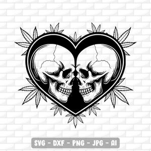 Calavera de San Valentín para amantes Svg / Calavera de marihuana Svg / Cannabis Svg / Calavera Clipart / Calavera para amantes Svg / Esqueletos besándose Svg / Descarga digital