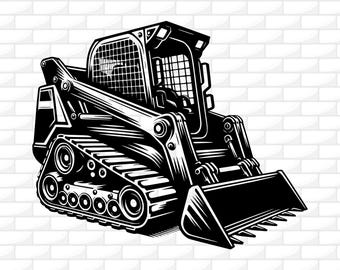 May include: Black and white illustration of a skid steer loader, a compact construction vehicle. The image shows the loader's bucket, tracks, and operator cabin. The text "SVG - DXF - PNG - JPG - AI" is at the bottom.