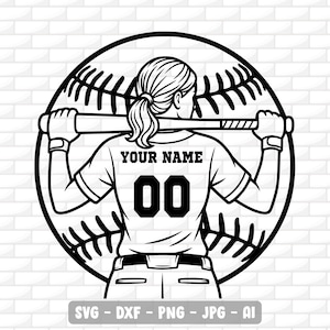 Puede incluir: Gráfico en blanco y negro de una jugadora de softbol sosteniendo un bate, con el texto "YOUR NAME" y el número "00" en la camiseta. La jugadora está situada sobre un fondo de béisbol. La imagen también incluye opciones de tipo de archivo.