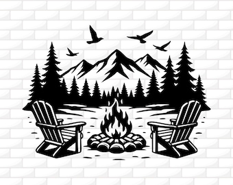 Campfire Chairs Svg | Mountain View Svg | Outdoor Scene PNG | Camping Cut File | Forest Clipart | Cricut | Engraving File | Dxf Png Jpg Ai