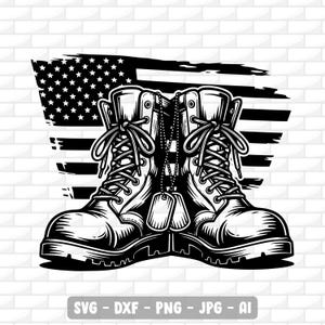 May include: Black and white illustration of two combat boots with laces and dog tags, set against a distressed American flag. The image is a graphic design, with the file types SVG, DXF, PNG, JPG, and AI.