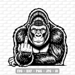 Puede incluir: Ilustración en blanco y negro de un gorila haciendo un gesto ofensivo. El gorila se muestra con detalles de pelaje y una expresión enfadada. La imagen incluye el texto "SVG - DXF - PNG - JPG - AI" en la parte inferior.