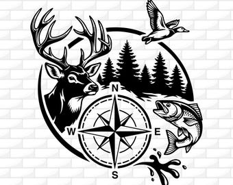 Deer Duck Hunting Svg | Sublimation Design | Largemouth Bass Svg | Fishing Svg | Compass T-Shirt Design | Cricut File | Png Dxf Jpg Ai
