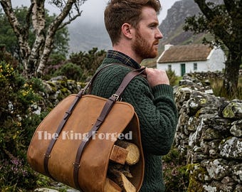 Transportador de leña de cuero de grano completo / Bolsa de transporte de leña resistente / Transportador de leña para chimenea / Regalo de aniversario de cuero para él / Soporte para leña