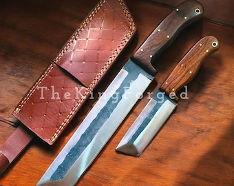 2Pcs Viking Seax Knife, Hand Forged Seax Knife with Sheath, Fixed Blade Hunting Knife,  Anglo Saxon Seax Christmas Gift Birthday Anniversary