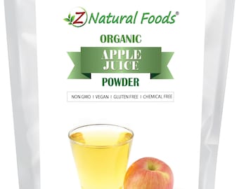 May include: A white pouch with a label featuring "Z Natural Foods" and the text "Organic Apple Juice Powder." The label includes a glass of apple juice, an apple, and the USDA Organic seal. Net weight is 1 lb (454 g).
