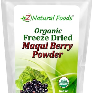 May include: A white pouch with a label featuring the text "Z Natural Foods Organic Freeze Dried Maqui Berry Powder." The label includes an illustration of maqui berries and leaves, and a "USDA ORGANIC" seal. Net weight is 1 lb (454 g).