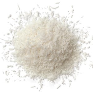 Overhead image of Shredded, coconut on white background