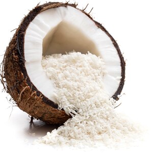 Image of halved Coconut spilling out Shredded, coconut from inside.