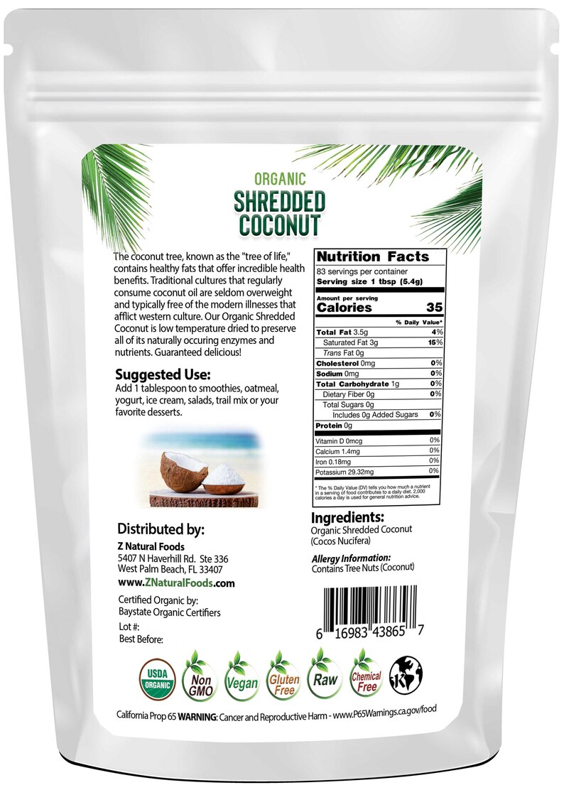 Back of the bag image of Coconut - Shredded, Raw Organic 1 lb