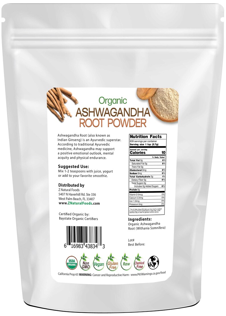 Ashwagandha Root Powder - Organic back of the bag image  5 lb