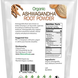 Ashwagandha Root Powder - Organic back of the bag image  1 lb