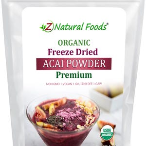 May include: A white pouch of Z Natural Foods Organic Freeze Dried Acai Powder Premium. The package features a bowl of acai with fruit and granola. The net weight is 1 lb (454 g). The product is labeled as non-GMO, vegan, gluten-free, and raw.