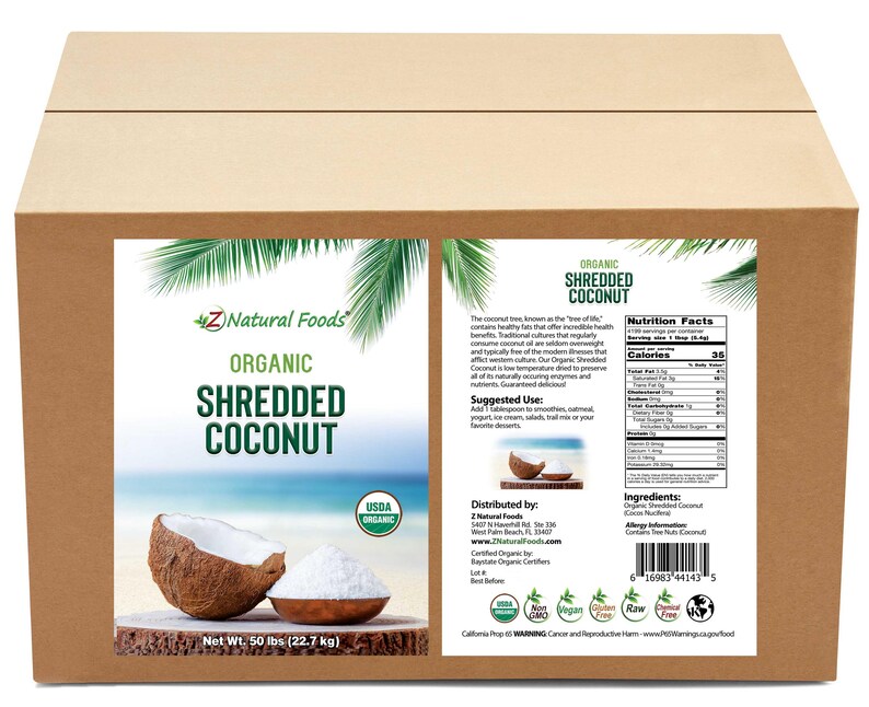 Front and back label image of Coconut - Shredded, Raw Organic in bulk